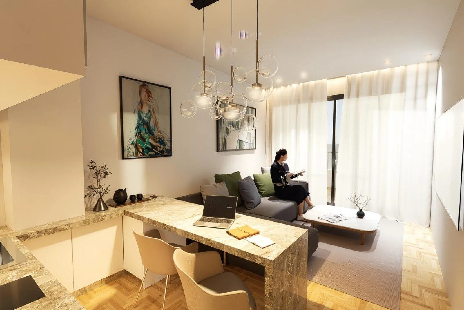 Salon ve çalışma köşesi